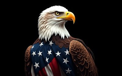 águia americana com a bandeira americana, 4k, bandeira dos eua no peito das águias, águia careca, quatro de julho, 4 de julho, bandeira dos eua, aves de rapina, fundo preto, eua