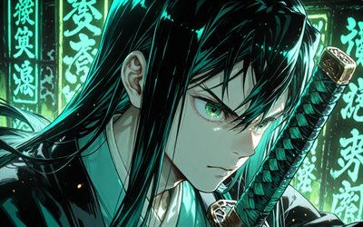 tokito muichiro, 4k, jeroglíficos, luces de neón turquesa, kimetsu no yaiba, kimono, oscuridad, manga, protagonista, cuerpo de cazadores de demonios, asesino de demonios, muichiro tokito kimetsu no yaiba