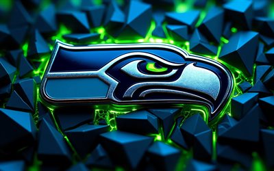 4k, logotipo metálico de los seattle seahawks, resplandor verde, fondo azul 3d, nfl, fútbol americano, luces de neón verdes, logotipo de los seahawks de seattle, logotipo 3d de los seattle seahawks, equipo de fútbol americano, halcones marinos de seattle