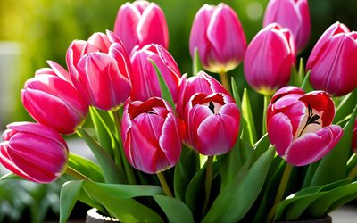 4k, tulipes roses, bokeh, bourgeons, fleurs de printemps, bouquet de tulipes, belles fleurs, printemps, fond avec des tulipes, fleurs roses, boutons roses, tulipes