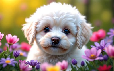 खिलौना पूडल पिल्ला, 4k, वसंत, bokeh, कुत्ते, प्यारे जानवर, पिल्लों, पालतू जानवर, खिलौना पूडल, वसंत के फूल, लॉन पर पिल्ला, खिलौना पूडल कुत्ता