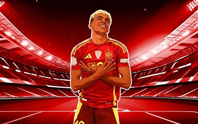 lamina yamal, 4k, arte vectorial, selección de fútbol de españa, uefa, futbolistas españoles, lamina yamal 4k, fútbol americano, fondo rojo del estadio, fútbol, equipos nacionales, equipo lamine yamal españa