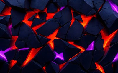 4k, luces de neón naranjas, fragmentos de piedra negra, patrón geométrico fragmentado, creativo, fondo oscuro 3d, obra de arte, fondo abstracto oscuro, fragmentos 3d negros, formas 3d, fondos 3d, patrones de piedra