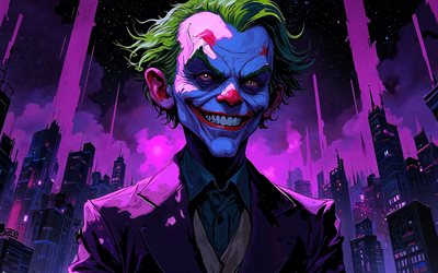 4k, joker sonriente, paisaje urbano violeta, arte de dibujos animados, supervillano, noche, bromista, arte abstracto, comodín 4k, creativo, arte del comodín