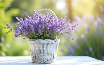 panier blanc à la lavande, 4k, fleurs de printemps violettes, lavande, panier en osier blanc, brins de lavande, fleurs de printemps, bouquet de lavande, printemps