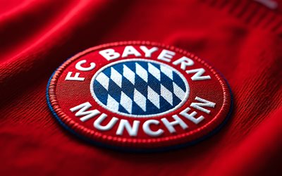 fc bayern münchens logotyp, 4k, fc bayern münchens emblem, röd siden bakgrund, fc bayern münchen signerar, bundesliga, tyskland, fotboll, fc bayern münchen, bayern münchens logotyp, bayern münchen