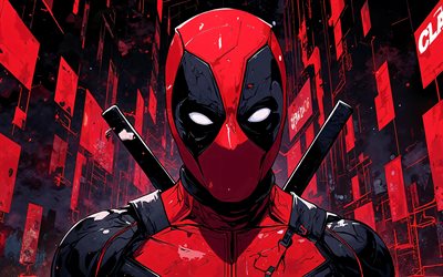 4k, dead pool, fondo abstracto rojo, cómics marvel, obra de arte, superhéroes, arte de deadpool, arte vectorial, consorcio inactivo 4k