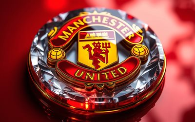 Manchester United FC crystal logo, 4k, red white metal background, NBA, Manchester United FC logo, Manchester United FC emblem, football, Manchester United FC, Manchester United, Man United