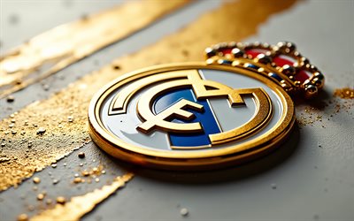 4k, 레알 마드리드 cf 로고, 레알 마드리드 메탈 로고, 레알 마드리드 cf, 화이트 골드 금속 배경, 레알 마드리드 로고, 라 리가, 레알 마드리드 엠블럼, 스페인, 레알 마드리드, 축구