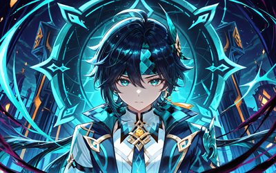 Kinich, 4k, turquoise abstract background, Genshin Impact, castle, anime characters, Genshin Impact characters, Kinich Genshin Impact