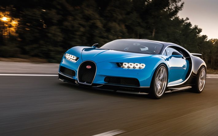 movimiento, supercars, 2017, Bugatti Chiron, velocidad, azul Bugatti
