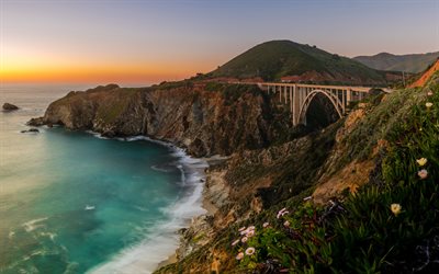 sahil, köprü, dağ, plaj, Bixby Köprüsü, Big Sur, California, Pasifik Okyanusu