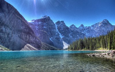 Moraine Lake, Valley of the Ten Peaks, mountains, summer, Banff National Park, Alberta, Canada, HDR