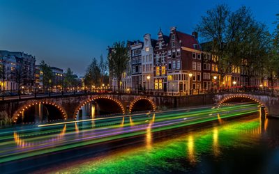 amsterdam, natt, bro, nattljus, nederländerna