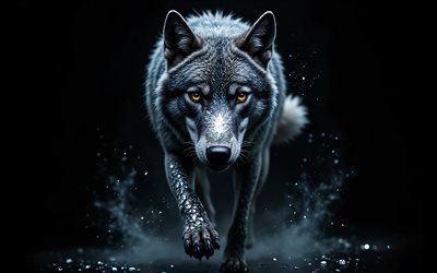 lobo, 4k, predador, pedras brilhantes, fechar se, lobo branco, animais selvagens, predadores, lobos, arte criativa, predador lobo, fundo preto, lobo no escuro, fumaça