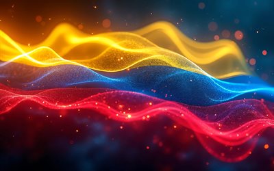 4k, 콜롬비아 빛나는 깃발, 보케, 콜롬비아의 국기, 콜롬비아의 날, 3d 아트, 콜롬비아 국기, 콜롬비아 네온 깃발, 네온 파도 콜롬비아 국기, 콜롬비아 3d 플래그, 콜롬비아 추상 플래그, 콜롬비아