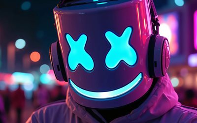 4k, dj marshmello, fones de ouvido, noite, máscara brilhante, arte 3d, christopher comstock, estrelas da música, cantores populares, dj americano, estrelas, marshmello, djs, marshmello 4k