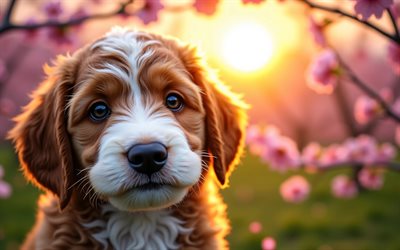 4k, लैब्राडूडल पिल्ला, सूर्यास्त, वसंत, चेरी खिलना, कुत्ते, प्यारे जानवर, पिल्लों, पालतू जानवर, labradoodle, bokeh, वसंत के फूल, लैब्राडूडल कुत्ता