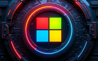 microsoft soyut logosu, 4k, karanlık yüksek teknoloji arka planı, renkli neon ışıklar, iletkenler, mikrodevre, yazılım markaları, microsoft 3d logosu, markalar, microsoft renkli logosu, sanat eseri, microsoft logosu, microsoft