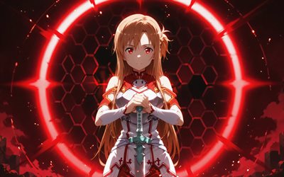 4k, युकी असुना, लाल अमूर्त पृष्ठभूमि, लाल तलवार, ऑनलाइन तलवार कला, लाल नीयन आभूषण, मंगा, लाल चमक, नायक, असुना युकी, तलवार कला ऑनलाइन पात्र, असुना, युकी असुना तलवार कला ऑनलाइन