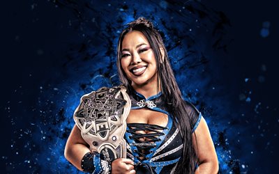 4k, wendy choo, luzes de néon azuis, wwe, criativo, lutador americano, karen yu, nxt, wendy choo com cinto, fundo abstrato azul, entretenimento de luta livre mundial, lutadores, wendy choo 4k