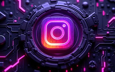 4k, facebook soyut logosu, mor yüksek teknoloji arka planı, mor neon ışıkları, iletkenler, mikrodevre, sosyal ağlar, instagram'ın 3d logosu, markalar, instagram parlayan logosu, sanat eseri, instagram logosu, instagram