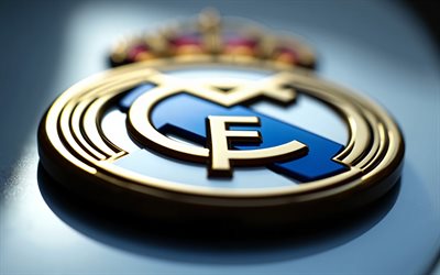 레알 마드리드 스틸 로고, 4k, 가까이, 푸른 금속 배경, 레알 마드리드 엠블럼, 레알 마드리드 로고, 흐림, 금속 배경, 레알 마드리드 사인, 라 리가, 스페인, 축구, 레알 마드리드, 레알 마드리드 cf 로고, 레알 마드리드 cf