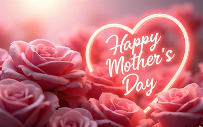 4k, buona festa della mamma, oscurità, cuore rosa al neon, rose rosa, concetti di felice festa della mamma, lettere al neon rosa, iscrizione di felice festa della mamma