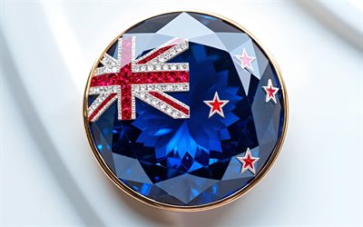 yeni zelanda bayrağı, 4k, bir değerli taş içinde yeni zelanda bayrağı, beyaz arka plan, değerli taş, beyaz kristal arka plan, yeni zelanda