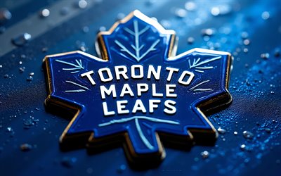 شعار تورونتو مابل ليفز المعدني, 4k, خلفية معدنية زرقاء, nhl, شعار تورونتو مابل ليفز, الولايات المتحدة الأمريكية, تورونتو مابل ليفز, الهوكي