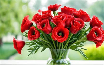 eustoma rouge, 4k, jardin, vase en verre, bokeh, bouquet d'eustoma, belles fleurs, fond, à, eustoma, fleurs rouges