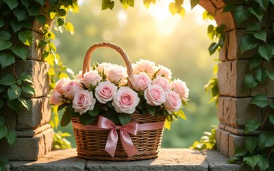panier en osier avec roses roses, 4k, arche de pierre, bouquet de printemps, printemps, roses roses, fleurs roses rouges, bouquet de roses, panier avec des roses, bouquets de printemps, roses