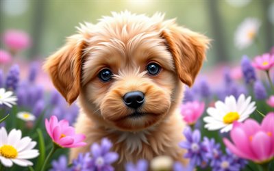4k, filhote de maltipoo, fechar se, primavera, bokeh, cães, animais fofos, cachorrinhos, animais de estimação, maltipoo, flores da primavera, cachorrinho no gramado, cachorro maltipoo
