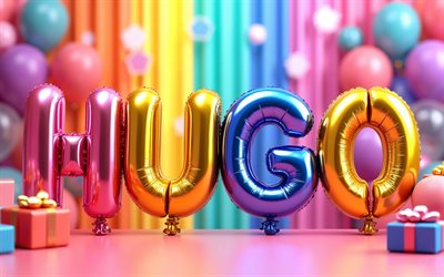 4k, 휴고, 다채로운 풍선 편지, 휴고 이름, 창의적인, 휴고 생일, 인기있는 미국 남자 이름, 화려한 배경, 휴고 생일 축하해, 휴고라는 이름의 사진