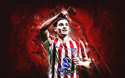 줄리안 알바레즈, 아틀레티코 마드리드, 목표 축하, 붉은 돌 배경, 아르헨티나 축구 선수, 챔피언스리그, 라 리가, 스페인, 축구, 줄리안 알바레즈 아틀레티코 마드리드, 그런지 예술
