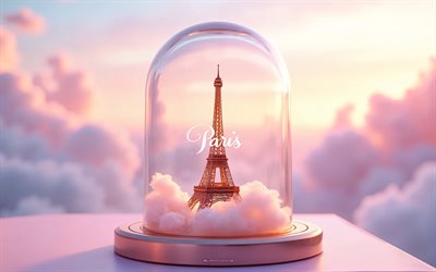 torre eiffel em um frasco, 4k, nuvens rosa, paris, torre eiffel, frasco de vidro, conceitos de paris, viajar para paris, frança