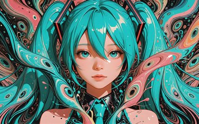 4k, 하츠네 미쿠, 창의적인, 보컬로이드, 꽃 예술, 청록색 추상적 인 배경, 보컬로이드 01, 청록색 눈, cv01, 보컬로이드 캐릭터, 하츠네 미쿠 보컬로이드