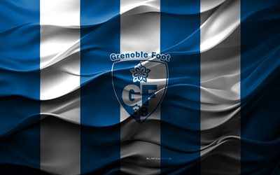 4k, logotipo do grenoble foot 38, fundo 3d branco azul, emblema do grenoble foot 38, liga 2, seleção francesa de futebol, bandeira grenoble foot 38, textura 3d, grenoble pé 38, futebol, frança