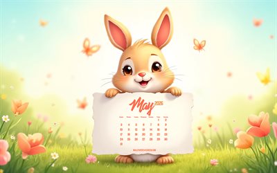 calendrier de mai 2026, 4k, lapin de dessin animé, oeufs de pâques, calendrier mai 2026, lapin avec calendrier, lapin de dessin animé mignon et moelleux, calendriers de mai, concepts 2026, fond de printemps