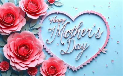 4k, buona festa della mamma, cuore di carta, rose rosse, sfondo blu, concetti di felice festa della mamma, lettere al neon luminose, iscrizione di felice festa della mamma