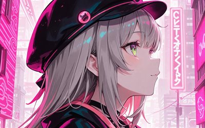 नेनेको माशिरो, 4k, बैंगनी शहर का दृश्य, आभासी यूट्यूबर, रचनात्मक, कलाकृति, वीट्यूबर, नीली आँखों वाली लड़की, नेनेको माशिरो स्टेलाइव, मंगा, स्टेलाइव चैनल, स्टेलाइव वर्चुअल यूट्यूबर