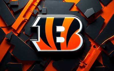 4k, logotipo 3d de los cincinnati bengals, arte geométrico, fondo 3d naranja negro, creativo, nfl, fútbol americano, logotipo de los bengals de cincinnati, emblema de los bengals de cincinnati, equipo de fútbol americano, bengals de cincinnati