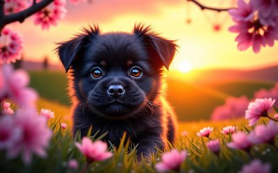 4k, एफ़ेनपिंसचर पिल्ला, सूर्यास्त, वसंत, चेरी खिलना, कुत्ते, प्यारे जानवर, पिल्लों, पालतू जानवर, affenpinscher, bokeh, वसंत के फूल, एफ़ेनपिंसचर कुत्ता