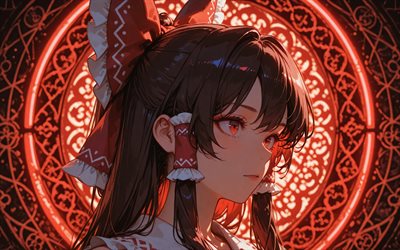 4k, रेइमु हकुरेई, लाल नीयन आभूषण, touhou, नायक, लाल अमूर्त पृष्ठभूमि, हकुरेई रीमु, जापानी मंगा, एनिमे पात्र, टौहौ परियोजना, टौहौ पात्र, रेइमु हकुरेई टौहौ