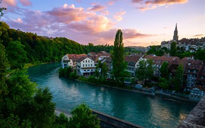 berne, printemps, heinz bunse, soirée, coucher de soleil, rivière aar, paysage urbain de berne, aar, suisse, panorama de berne