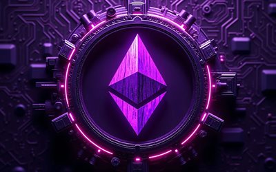 ethereum 3d logosu, 4k, mor yüksek teknoloji arka planı, mor neon ışıkları, iletkenler, mikrodevre, kripto para birimleri, markalar, ethereum mor logosu, blok zinciri, ethereum logosu, ethereum