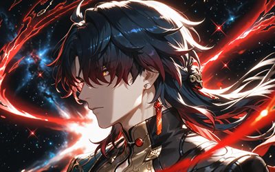 ब्लेड, 4k, नभ रत, होन्काई स्टार रेल, लाल नीयन किरणें, एनिमे पात्र, मंगा, होन्काई स्टार रेल पात्र, स्टेलरॉन हंटर्स, ब्लेड होन्काई स्टार रेल