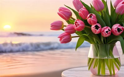 tulipes roses, 4k, coucher de soleil, vase en verre, côte, fleurs de printemps, bouquet de tulipes, belles fleurs, printemps, fond avec des tulipes, fleurs roses, rose