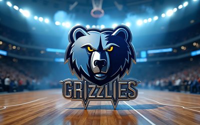4k, memphis grizzlies 3d logosu, sahne ışıkları, basketbol stadyumu arka planı, nba, yaratıcı, basketbol, memphis grizzlies logosu, memphis grizzlies amblemi, amerikan basketbol takımı, memphis grizzlies