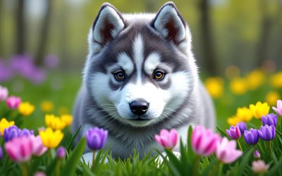4k, filhote de malamute do alasca, fechar se, primavera, bokeh, cães, animais fofos, cachorrinhos, animais de estimação, malamute do alasca, flores da primavera, cachorrinho no gramado, cão malamute do alasca